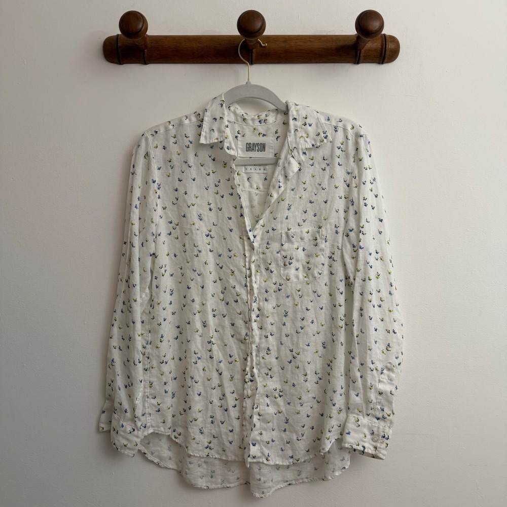Grayson Womens The Hero Linen Button Down Shirt White Butterfly Print Sz M (3)